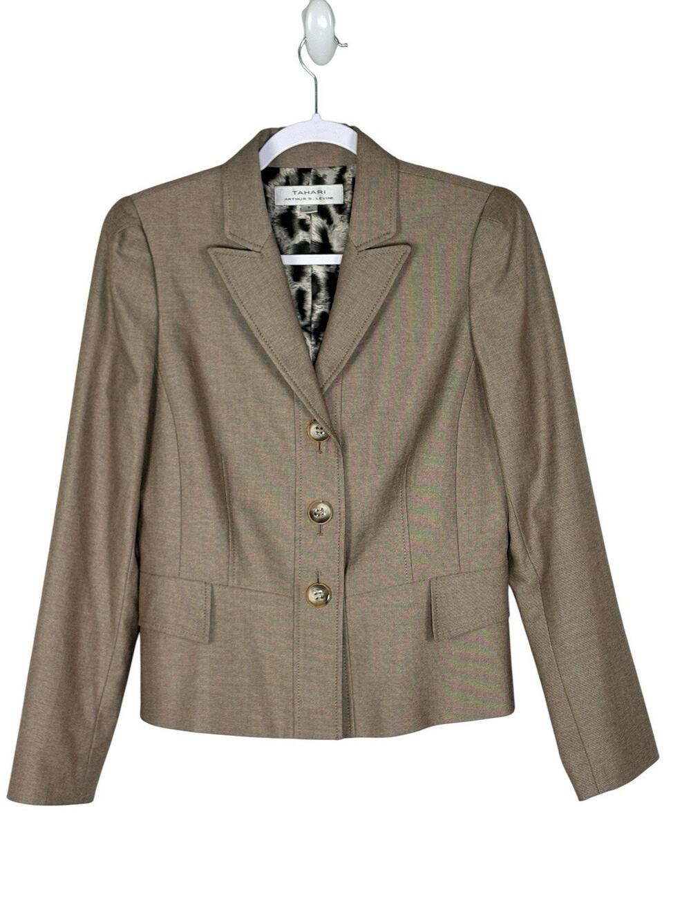 Tahari ASL Womens Blazer Jacket Peak Lapel Leopard Print Lining Tan Size 6
